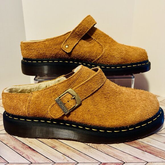 Dr Martens Isham Faux Shearling Suede Slingback Mule M 11 L 12 Pecan Brown Hairy - Picture 3 of 9